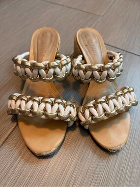 SCHUTZ White and Gold Braided Double-Strap Slide Mules